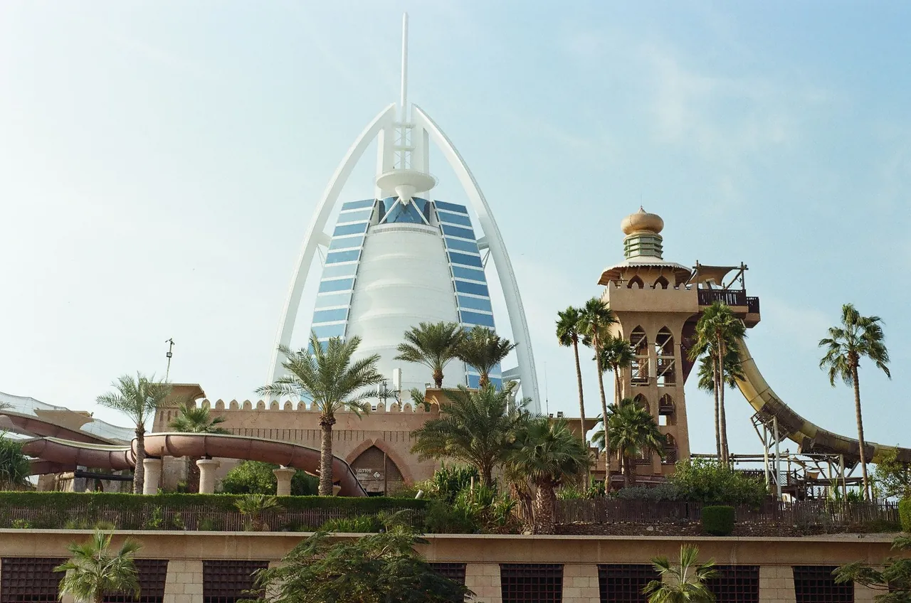 Wild Wadi Waterpark in Jumeirah Dubai with the Burj Al Arab in the background