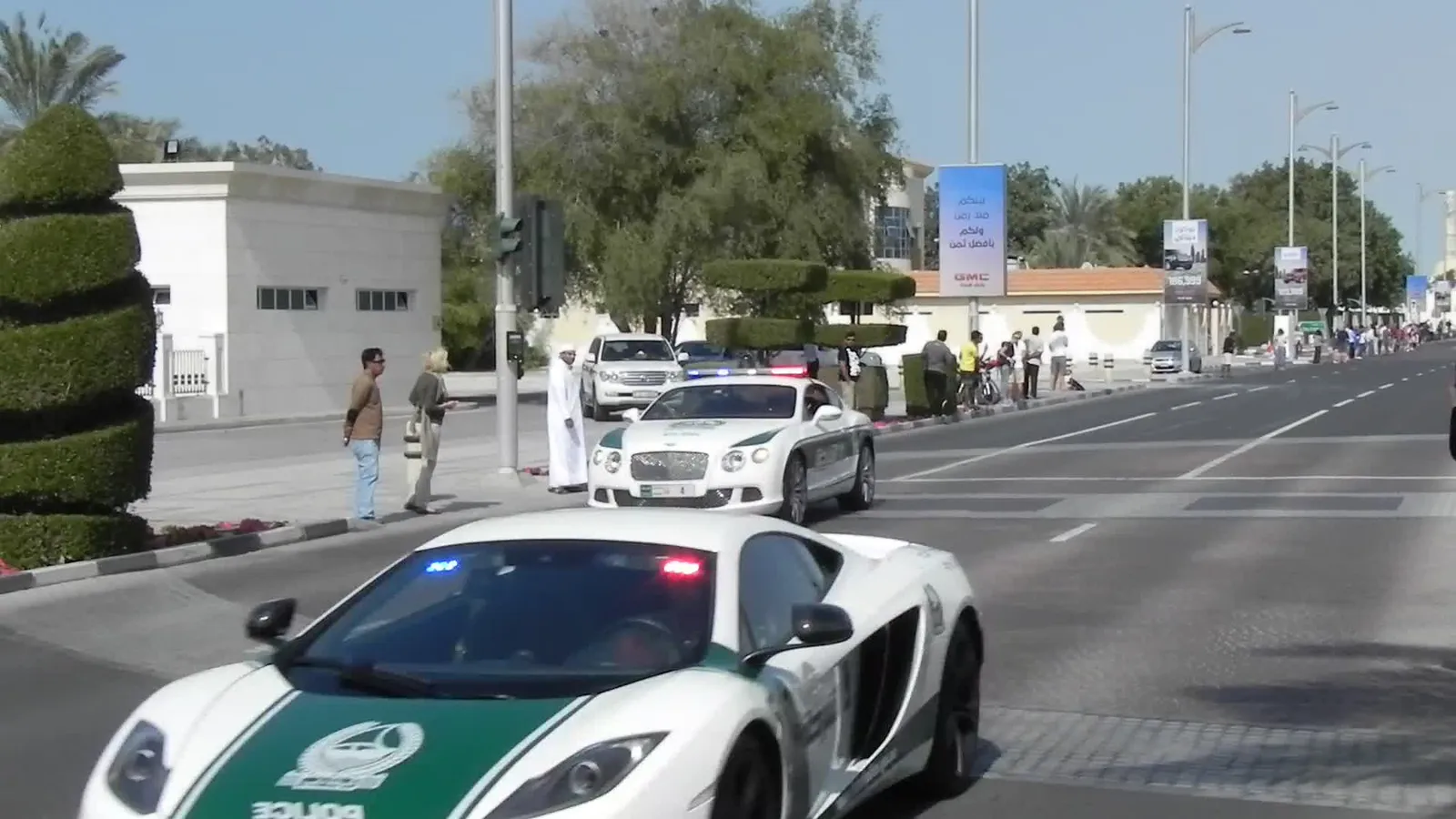 Dubai Police supercars parked on a street in Dubai, United Arab Emirates