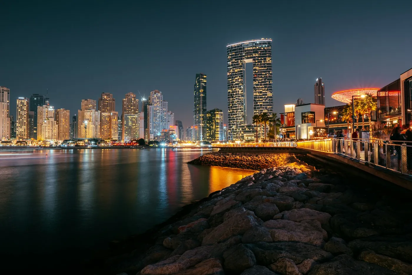 JBR public beach with soft sand and towers behind at Jumeirah Beach Residence in Dubai
