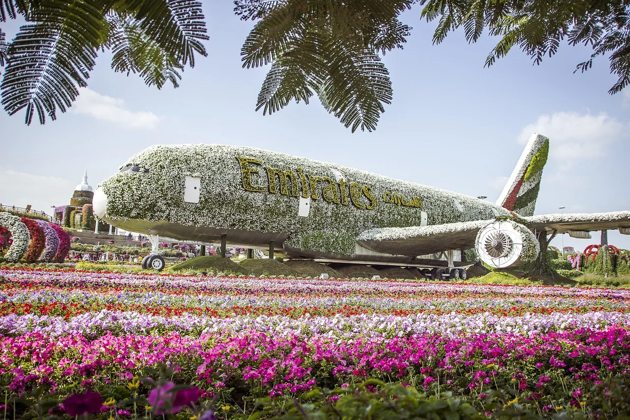 מטוס האיירבוס A380 מכוסה בפרחים במירקל גארדן דובאי