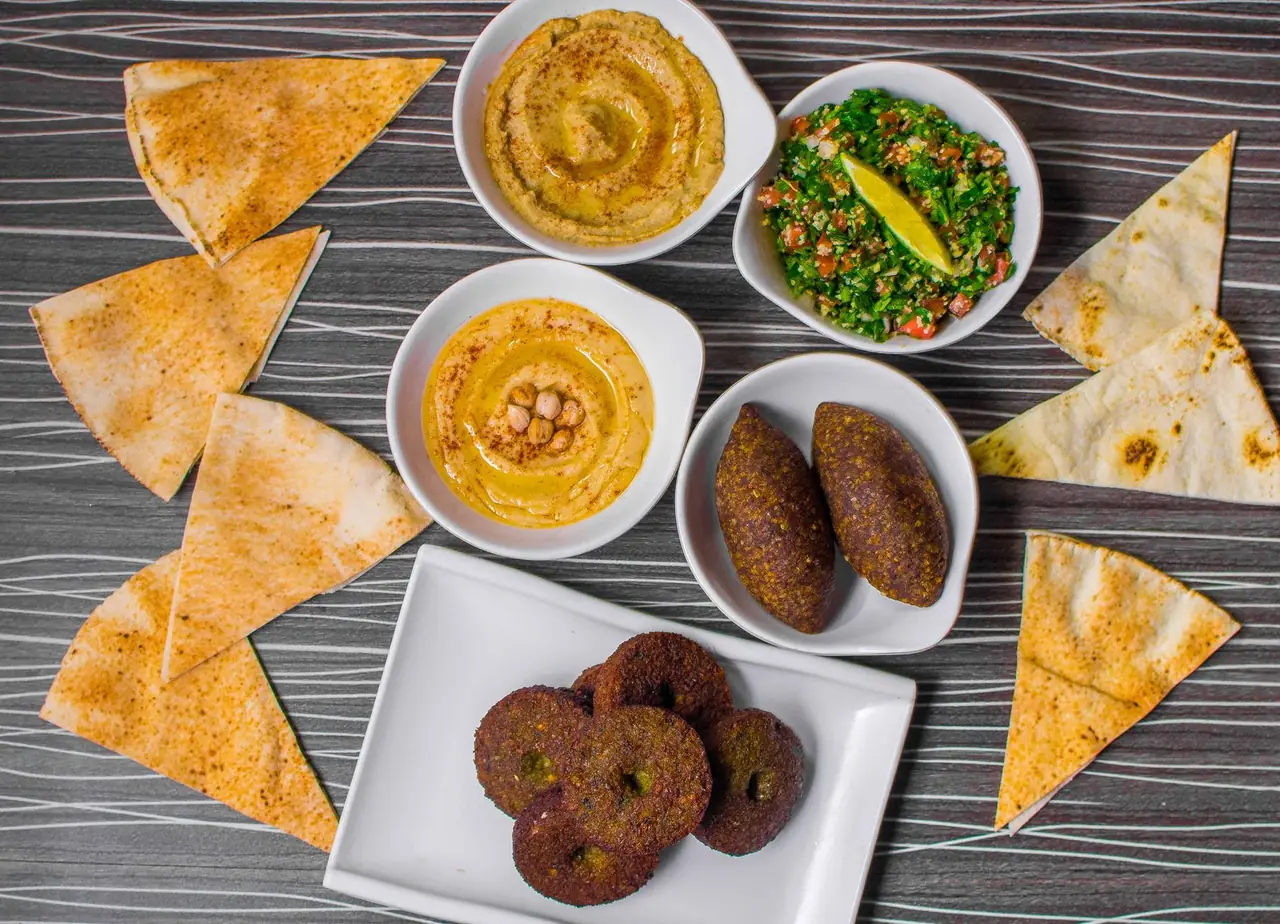 Levantine vegan mezze spread with hummus, falafel and tabbouleh in Dubai