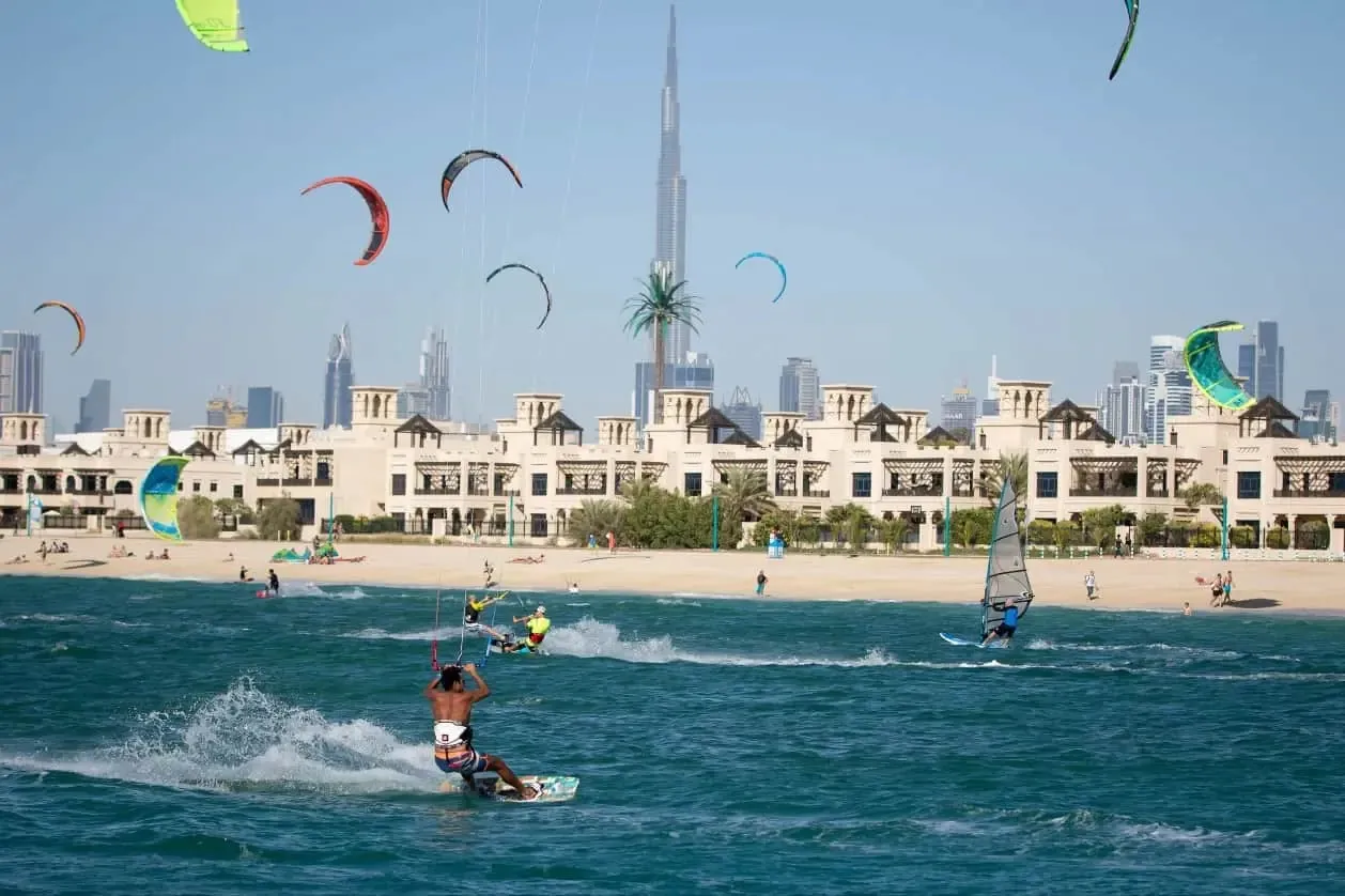 Kite Beach in Dubai with the Burj Al Arab hotel visible across the water
