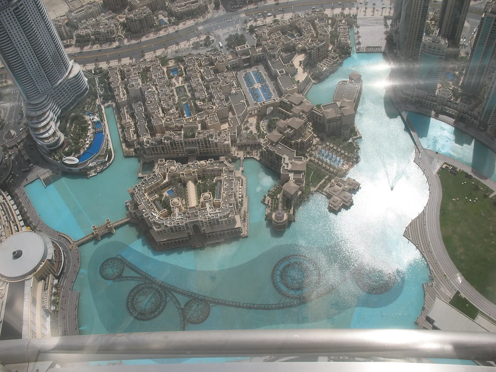 Downtown Dubai and the fountain lake seen from above, United Arab Emirates