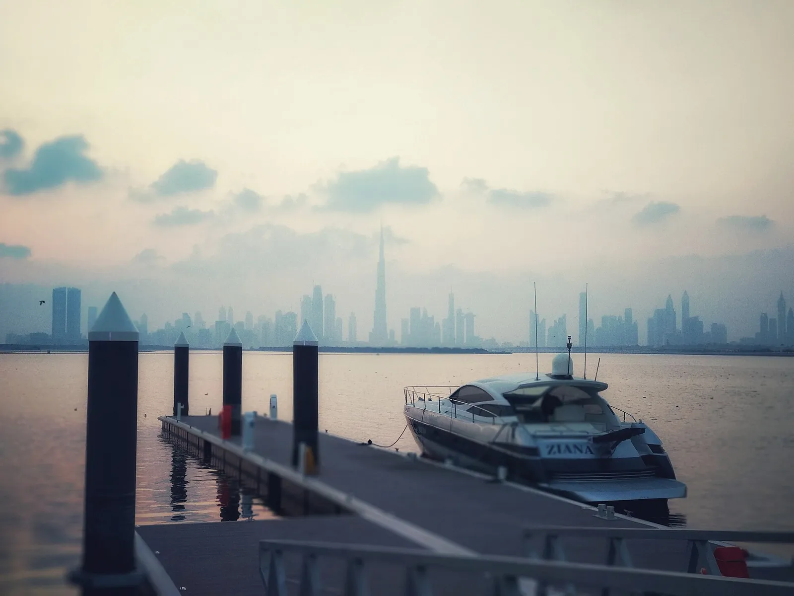 The Dubai Creek Harbour development with the city skyline behind, United Arab Emirates