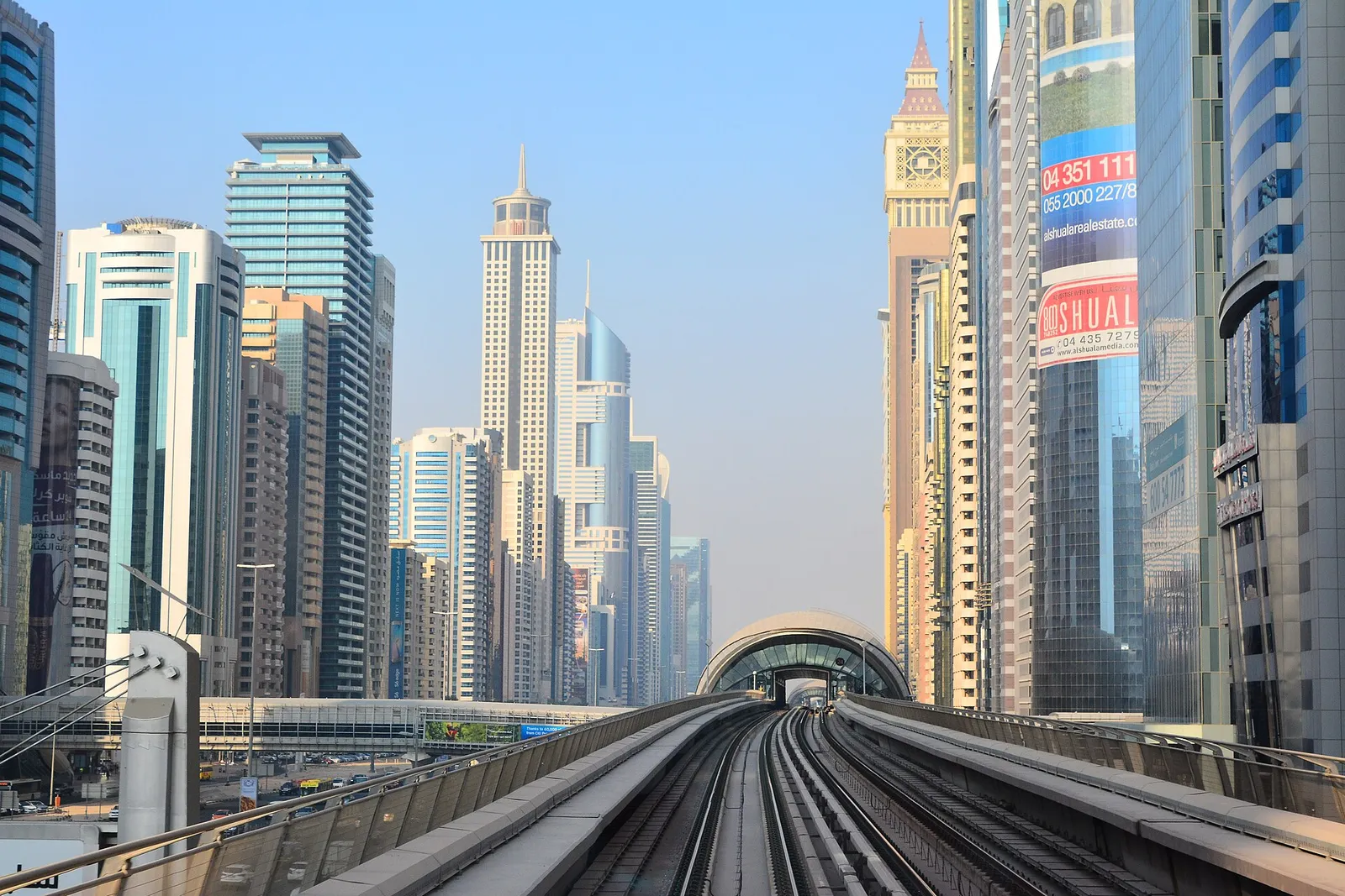 The Dubai Metro track running between towers on Sheikh Zayed Road, United Arab Emirates
