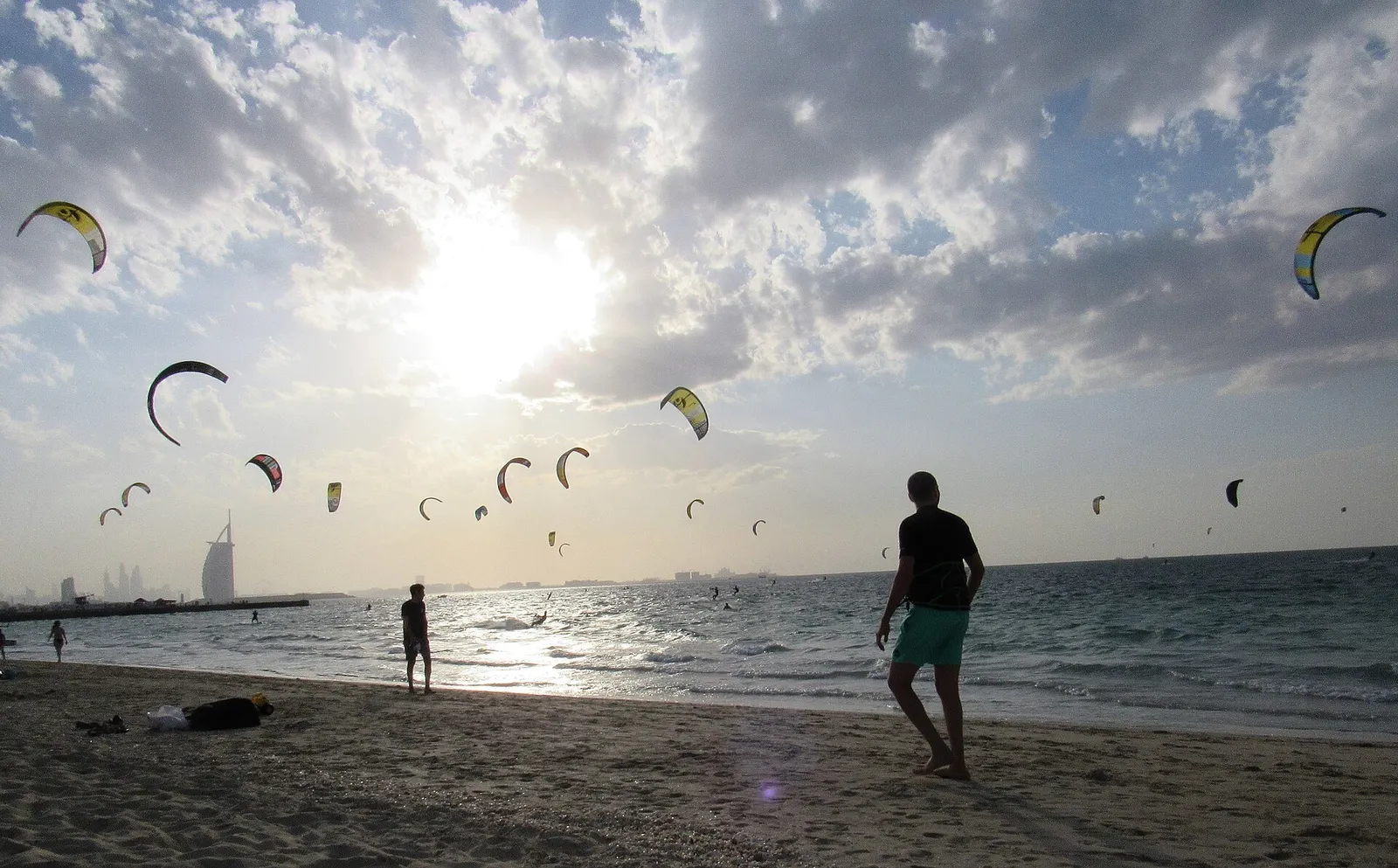 Kitesurfers on the water at Kite Beach in Dubai, United Arab Emirates