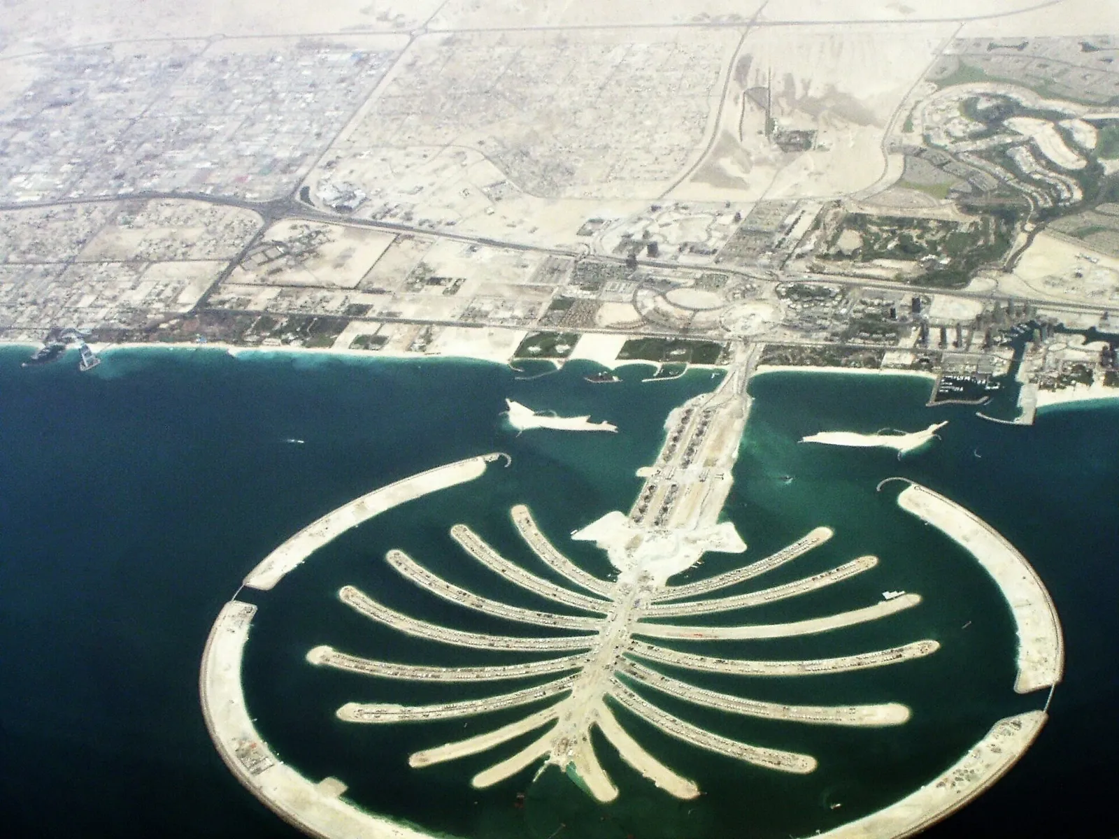 An aerial view of the palm shaped island of Palm Jumeirah, Dubai, United Arab Emirates