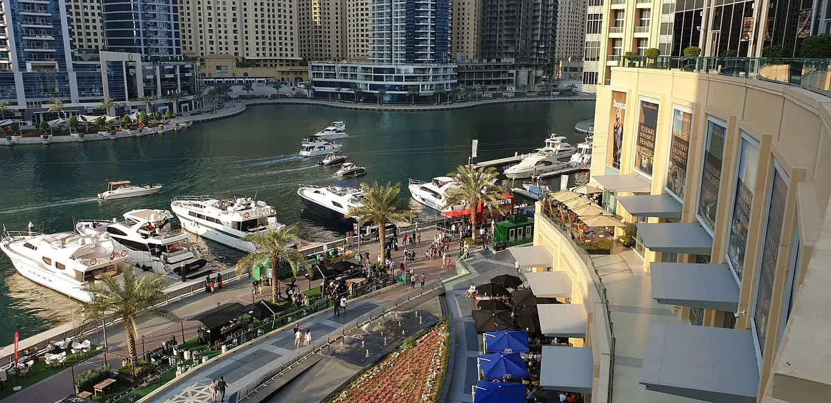 White yachts moored along a city marina beside a palm lined promenade, residential towers rising all around