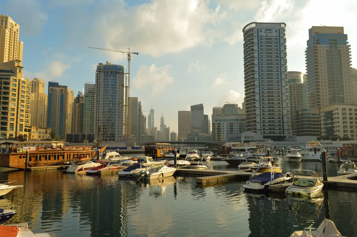 A marina packed with moored boats, a wall of towers rising behind