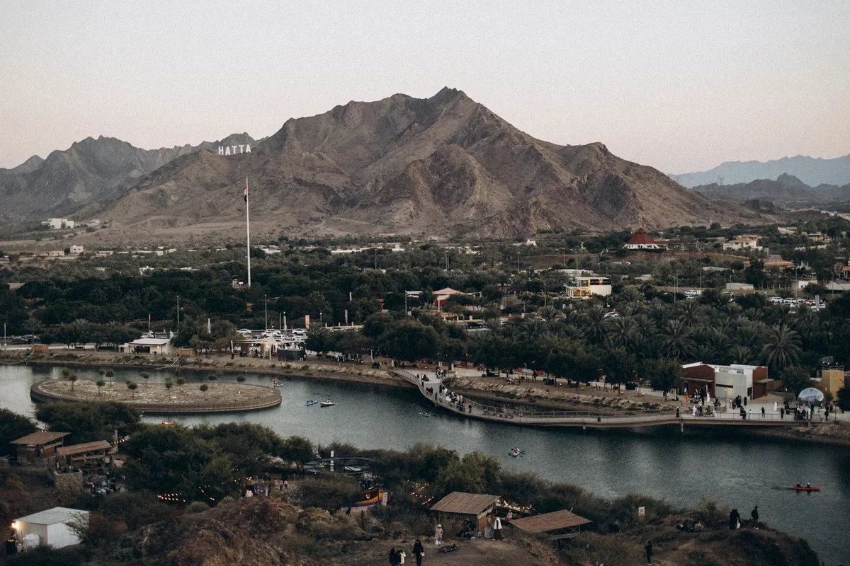 Bare mountains and a reservoir in the valley