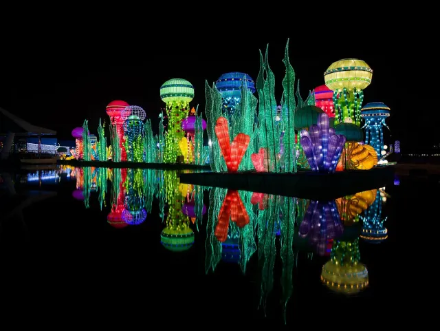 Colourful glowing light sculptures in the dark reflected in water